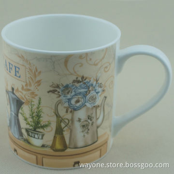 Fine China Coffee Mug, Design like Coffee Table/Pitcher/Coffee Maker, Flowers/Beige Ground/Food Safe